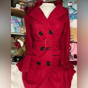 stylish 2000s red button up pea coat with big black buttons and adjustable belt